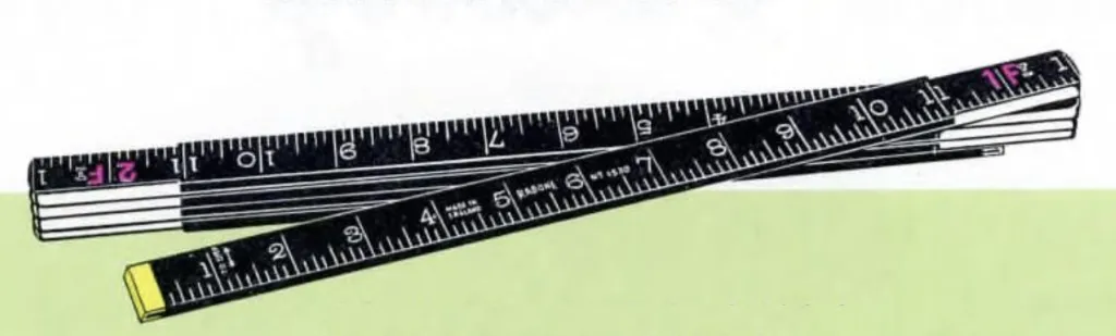Abbildung von faltbarem Buchsbaumholz Zollstock für Vermesser, 5 Fuß und 6 Fuß lang, beidseitig in Fuß und Zoll bis zu Achteln markiert. Varianten in Schwarz mit weißen Markierungen oder in Naturholz.