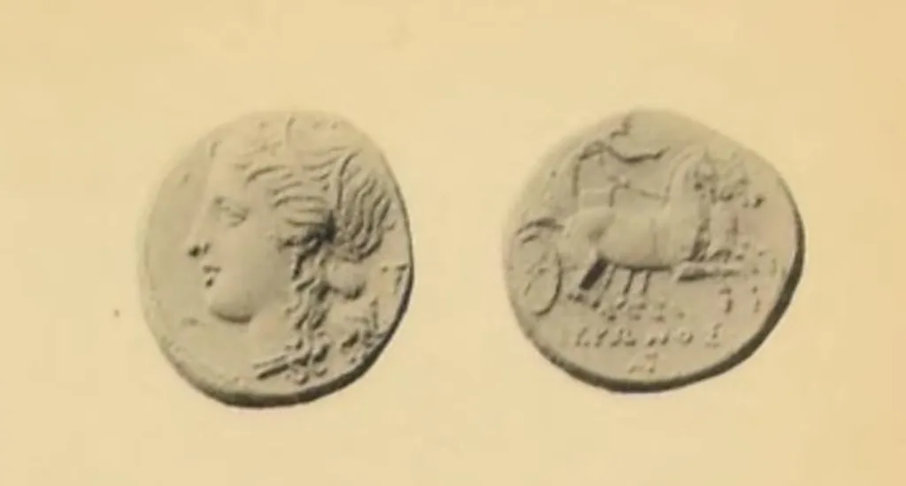 Gold-60-Litrai des Hieron II aus Syrakus auf Sizilien mit dem Kopf der Persephone und einer Biga, gelenkt von einer weiblichen Wagenlenkerin.