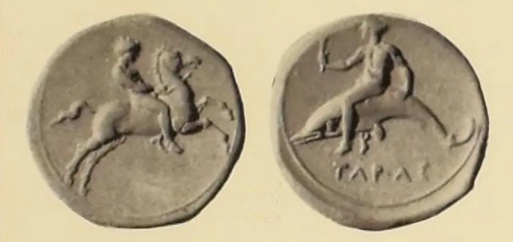 Ancient Greek silver didrachm from Taras in Calabria, shown in two views, with a young horseman galloping right on the obverse and Taras riding a dolphin left on the reverse.