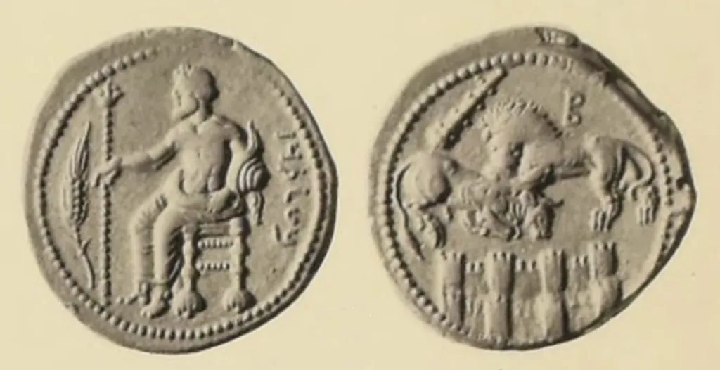 Black-and-white two-sided plate image of an ancient Greek silver stater from Tarsos in Cilicia. The obverse shows Baaltars seated left, holding a long scepter, with a grain ear at left and Phoenician letters at right. The reverse shows a lion attacking a bull above crenellated city walls, with a club and the letter B above.