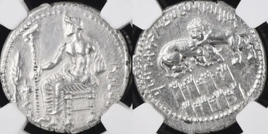 Two-sided photograph of a sharply struck ancient silver stater from Tarsos in Cilicia. The obverse shows Baaltars seated on a throne, holding a long scepter, with a grain ear beside him. The reverse shows a lion attacking a bull above crenellated city walls, with additional symbols and letters around the scene.