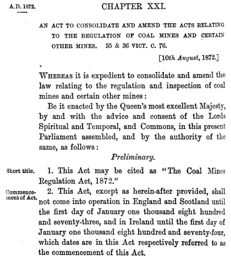 First page of The 1872 Coal Mines Regulation Act