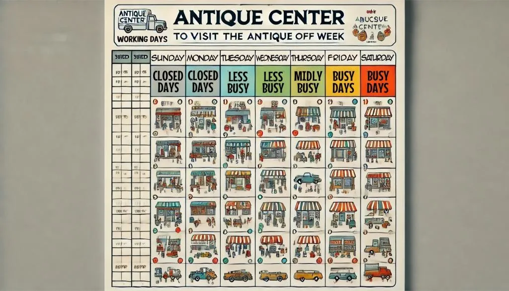 A visual representation of the busy days and less busy days of the week to visit the antique center. The calendar uses color coding to indicate the level of busyness: gray for closed days, light green for less busy days, yellow for mildly busy days, and red for busy days.