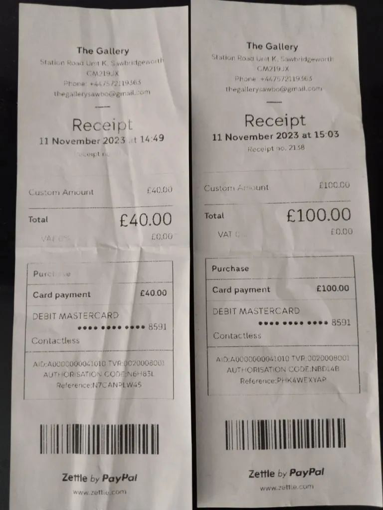 Receipts from The Gallery Antiques, documenting the purchases made during my visit on November 11, 2023. An exciting addition to my antique collection.
