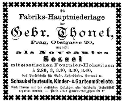 Schwarz-weiß-Zeitungsanzeige der Gebrüder Thonet aus dem Jahr 1877 in der Café- und Gasthaus-Zeitung, mit Angeboten für elastische Furniersitzstühle, Schaukelstühle und weitere Möbel.