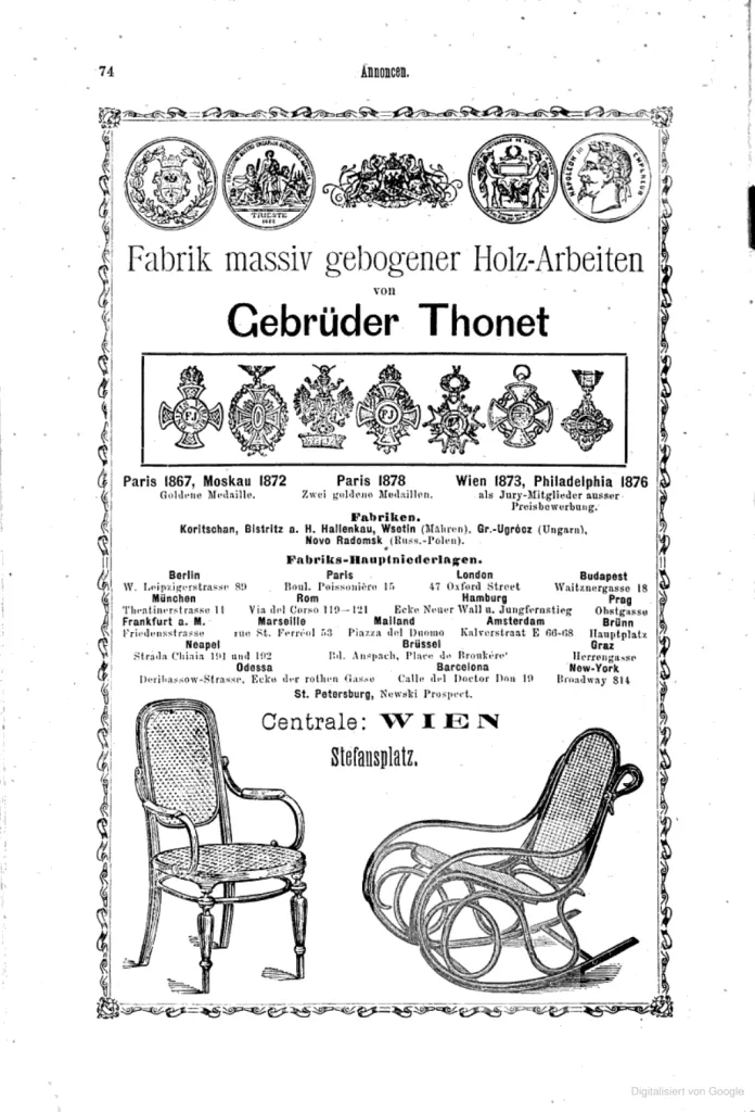 Historische Anzeige der Gebrüder Thonet aus dem Jahr 1889 im Export-Compass, mit Abbildungen von Bugholzstühlen, Medaillen sowie einer Liste weltweiter Fabriken und Ausstellungsräume.