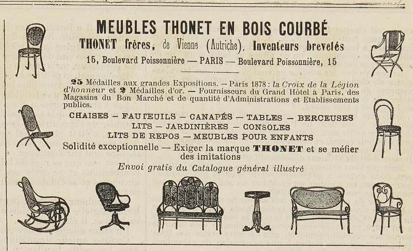 Französische Thonet-Möbelanzeige von 1888 mit Darstellungen von Bugholzstühlen, Schaukelstühlen, Sofas und Tischen, die Auszeichnungen auf Ausstellungen hervorhebt und vor Nachahmungen warnt.