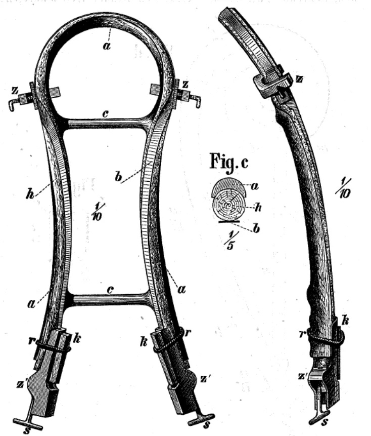 Technical illustration of Thonet’s cast-iron mold for bending a chair backrest, showing clamps, crossbars, and the placement of steamed wood pieces.