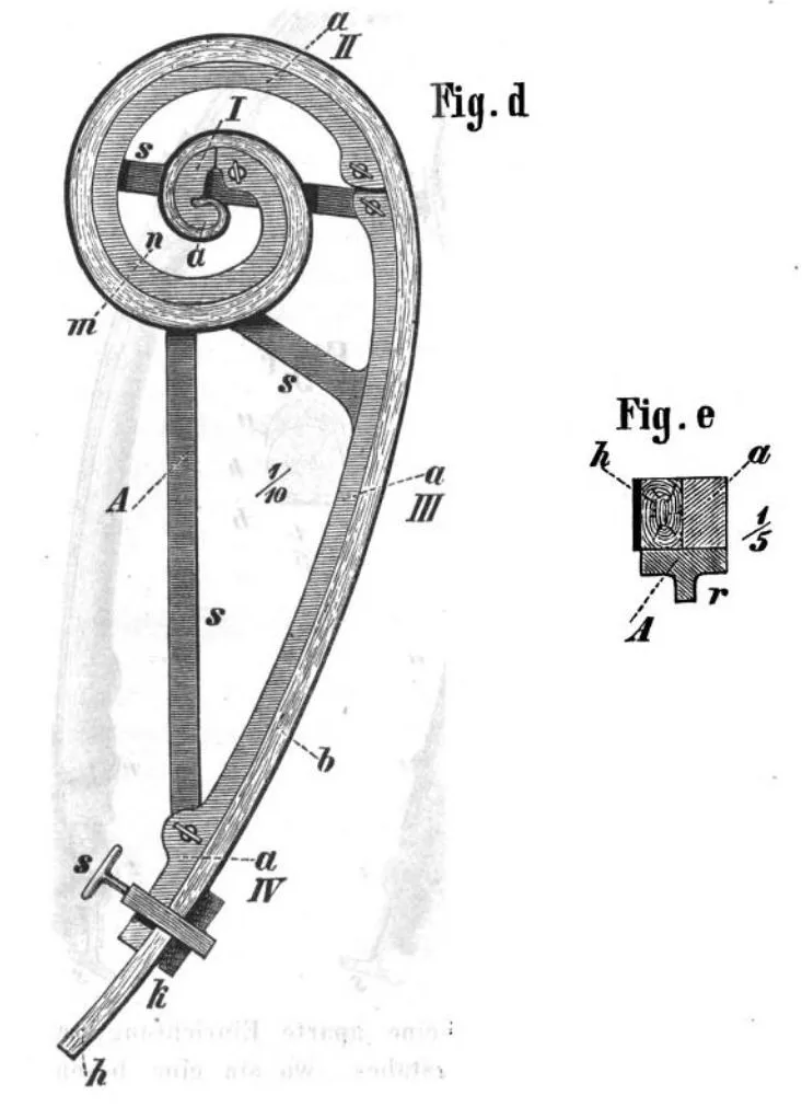 Technische Zeichnung einer Thonet-Biegeform für spiralige Holzteile, mit Schraubzwingen und Verstärkungsstangen zur Fixierung des gedämpften Holzes.