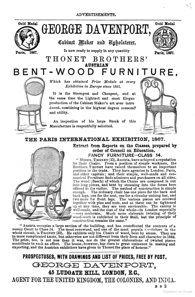 Anzeige der Thonet Brothers für österreichische Bugholzmöbel aus der viktorianischen Zeit, mit Abbildungen von Stühlen sowie Hinweisen auf Auszeichnungen und Ausstellungen in Paris und darüber hinaus, veröffentlicht 1869.