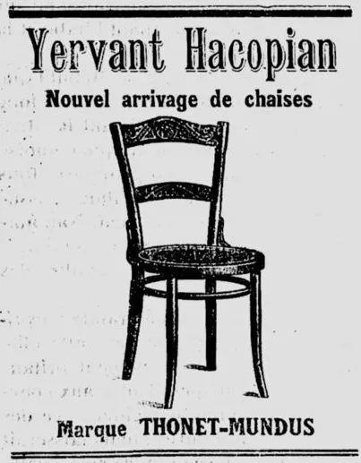 Französischsprachige Zeitungsanzeige von 1929 für Thonet-Mundus-Stühle, mit einer Abbildung eines Bugholzstuhls und dem Text Nouvel arrivage de chaises von Yervant Hacopian.