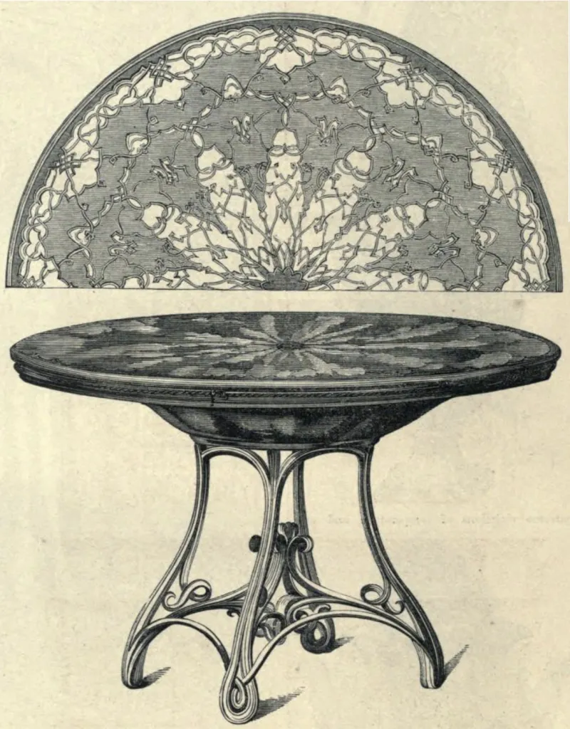 Thonet Salontisch mit reich verzierter Platte und geschwungenem Bugholzgestell, ausgezeichnet mit einer Preismedaille auf der Pariser Weltausstellung 1855.
