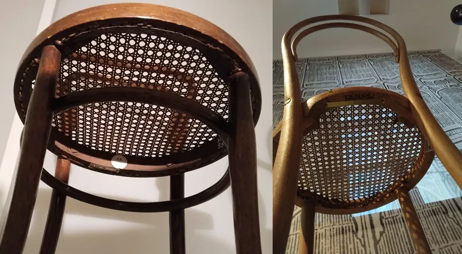 Unteransicht von zwei Stühlen mit Unterschied in der Befestigung des Geflechts zwischen einem originalen Thonet und einer Nachahmung.