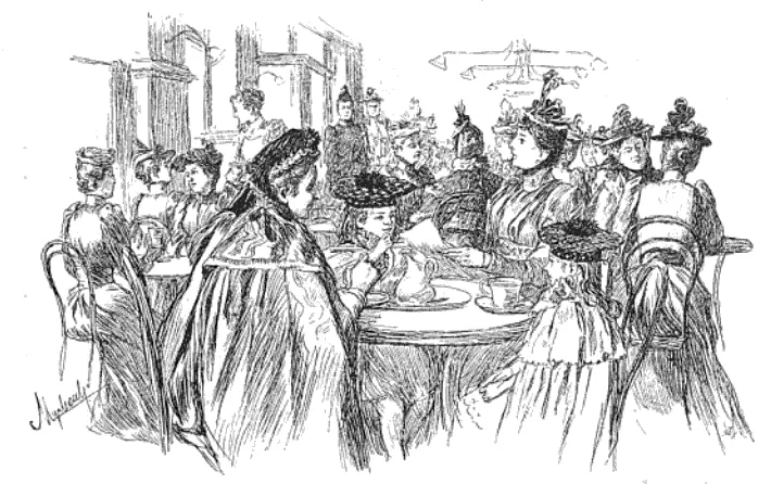 Schwarz-weiß Zeichnung von Frauen in eleganten Kleidern und Hüten in einem belebten Wiener Kaffeehaus, mit Thonet-Bugholzstühlen Nr. 14 an den Tischen.