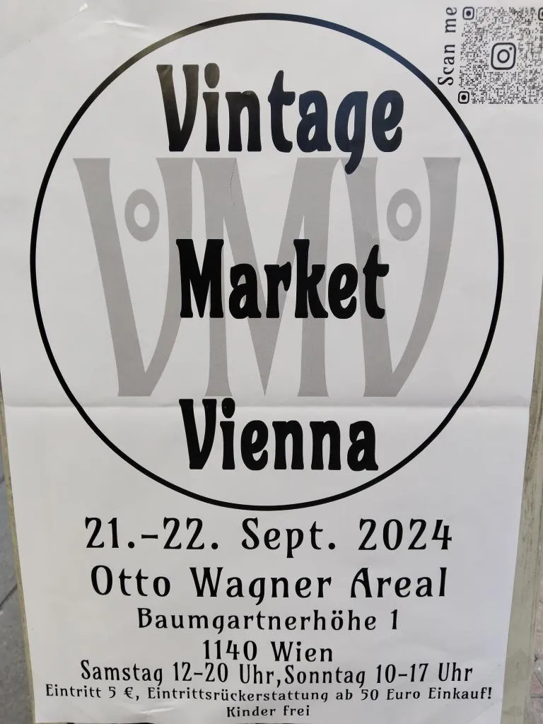 Poster for the Vintage Market Vienna 2024, held on September 21–22 at Otto Wagner Areal, highlighting dates, times, and entry details.