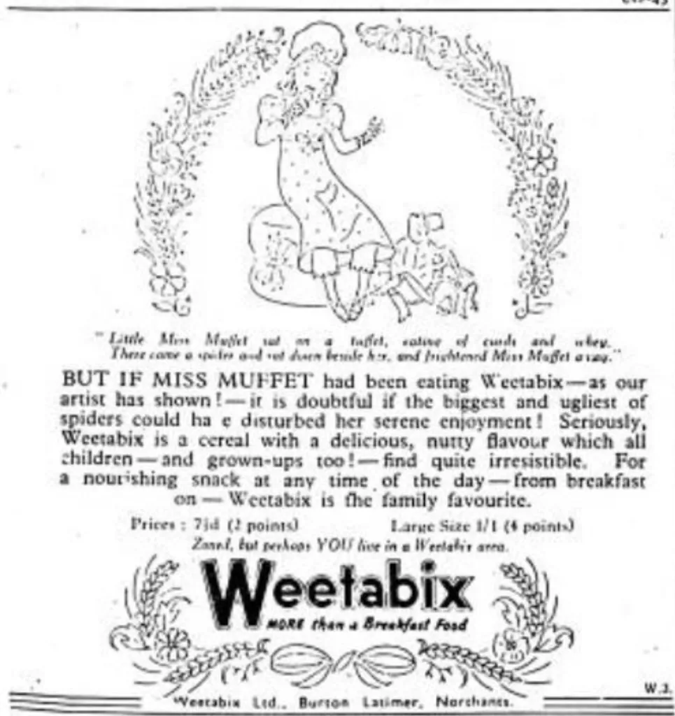 lack-and-white vintage Weetabix newspaper advertisement showing Miss Muffet seated beside a spider, with promotional text describing Weetabix as More than a Breakfast Food.