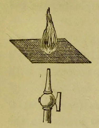 In Davys Experiment konnte eine unter Metallgewebe platzierte Flamme nichts darüber Entzünden – der Versuch bewies, dass das Drahtgeflecht die Flammenausbreitung verhindern konnte.