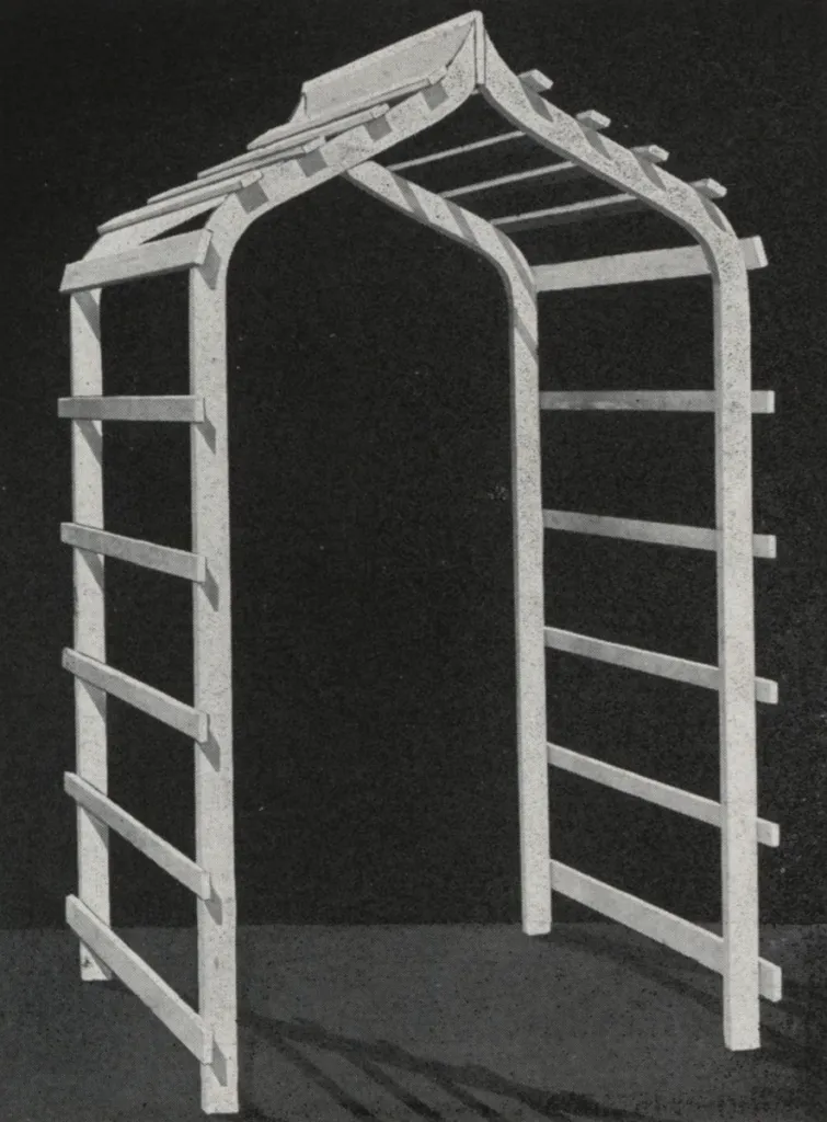 Black-and-white catalog photograph of a handmade wooden garden arch with side trellis panels and a curved roof structure.