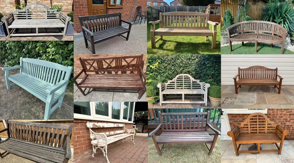 A collage featuring twelve outdoor garden benches displayed in different garden and patio settings. The collection includes classic slatted benches, lattice-back designs, curved-back benches, painted and stained wooden benches, weathered teak examples, and one vintage cast-iron and wooden bench. The benches vary in color from natural wood and dark brown to black, grey, and sage green, illustrating a wide range of styles, materials, and levels of wear.