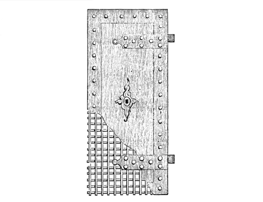 Inner door of Yale's burglar-proof bank double door, featuring reinforced metal plating and a visible security grid for enhanced protection against forced entry.