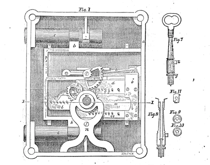 Patent drawing of a Yale lock mechanism, showcasing the internal components and key design that revolutionized modern security.