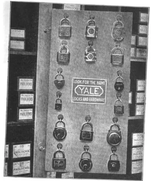 Display of Yale padlocks and hardware, showcasing a variety of secure locking solutions. Yale’s high-quality padlocks were widely used for commercial, residential, and industrial security.
