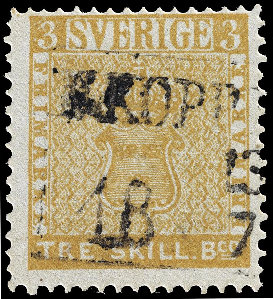 Gelbe 3-Skilling-Marke aus Schweden, 1855, eine der teuersten Briefmarken der Welt. Ein einzigartiges Beispiel für einen Farbfehler.