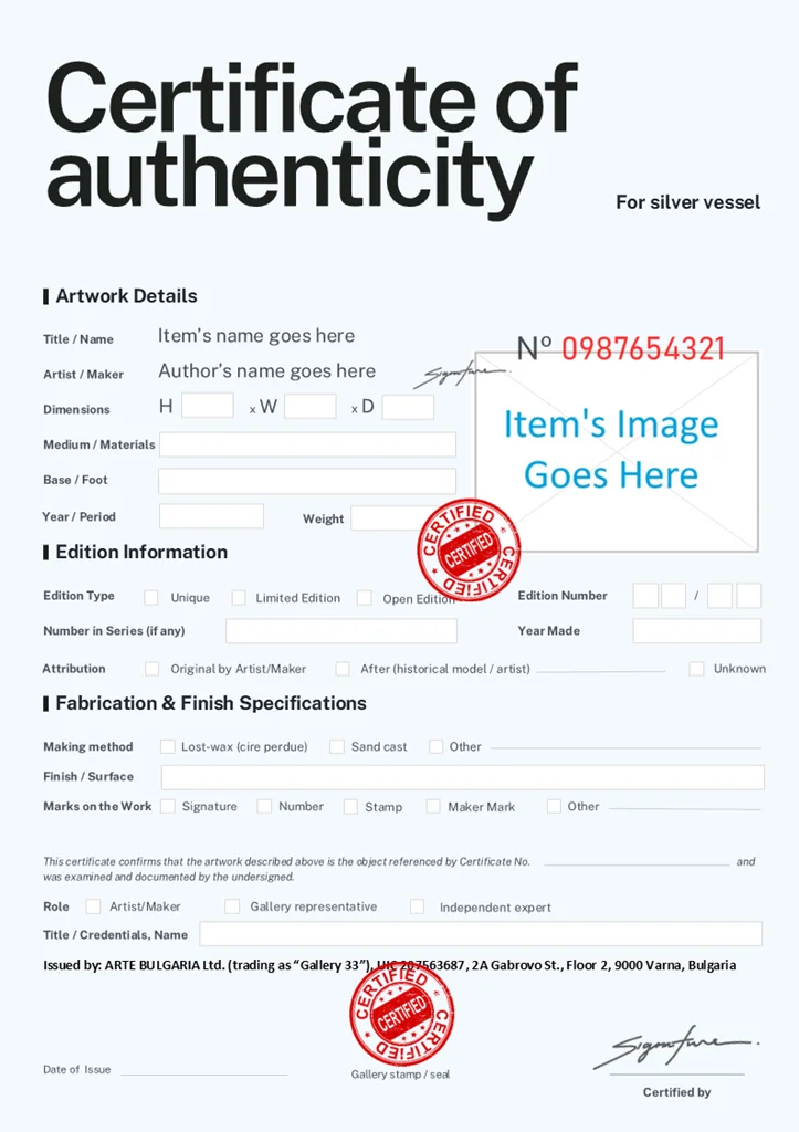 Sample Certificate of Authenticity for sculptures and silver vessels.