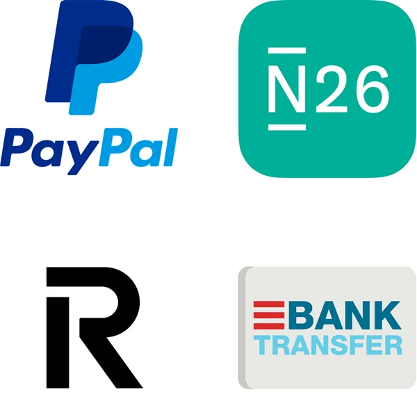 Payment methods accepted by Stable MARK: PayPal, N26, Revolut, and bank transfer logos.